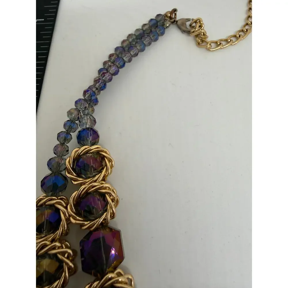 Purple Iridescent Statement Necklace Gold Tone Double Strand Faceted Glass Beads
